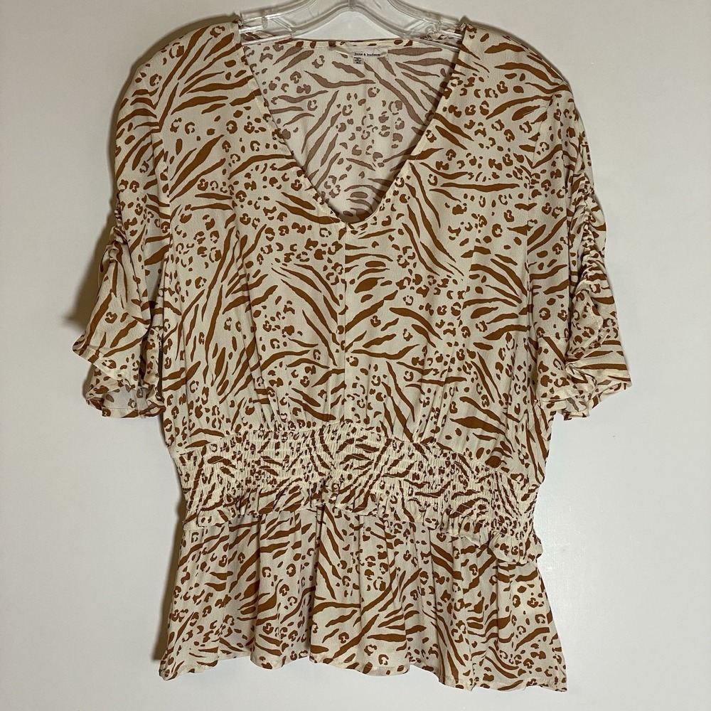 June & Hudson Top Womens XL Tan Leopard Kimono Style V Neck Ruched‎ Sleeve Boho